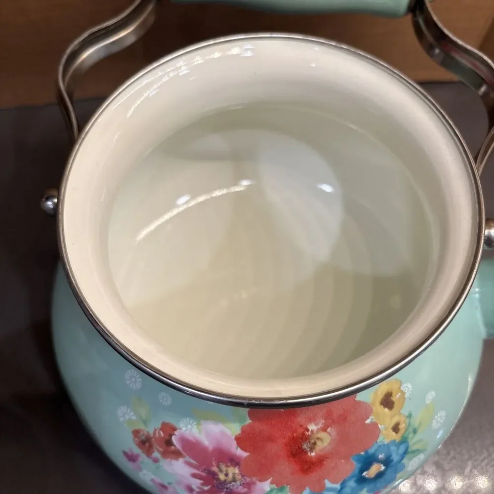 Teapot Pioneer Woman Breezy Blossom Enamel Steel 1.9 Qt Stovetop Tea Kettle - Picture 5 of 16